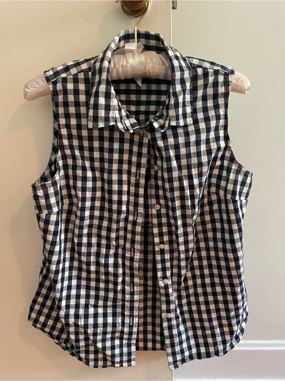 J. Crew Navy and White Gingham Sleeveless Button-Up